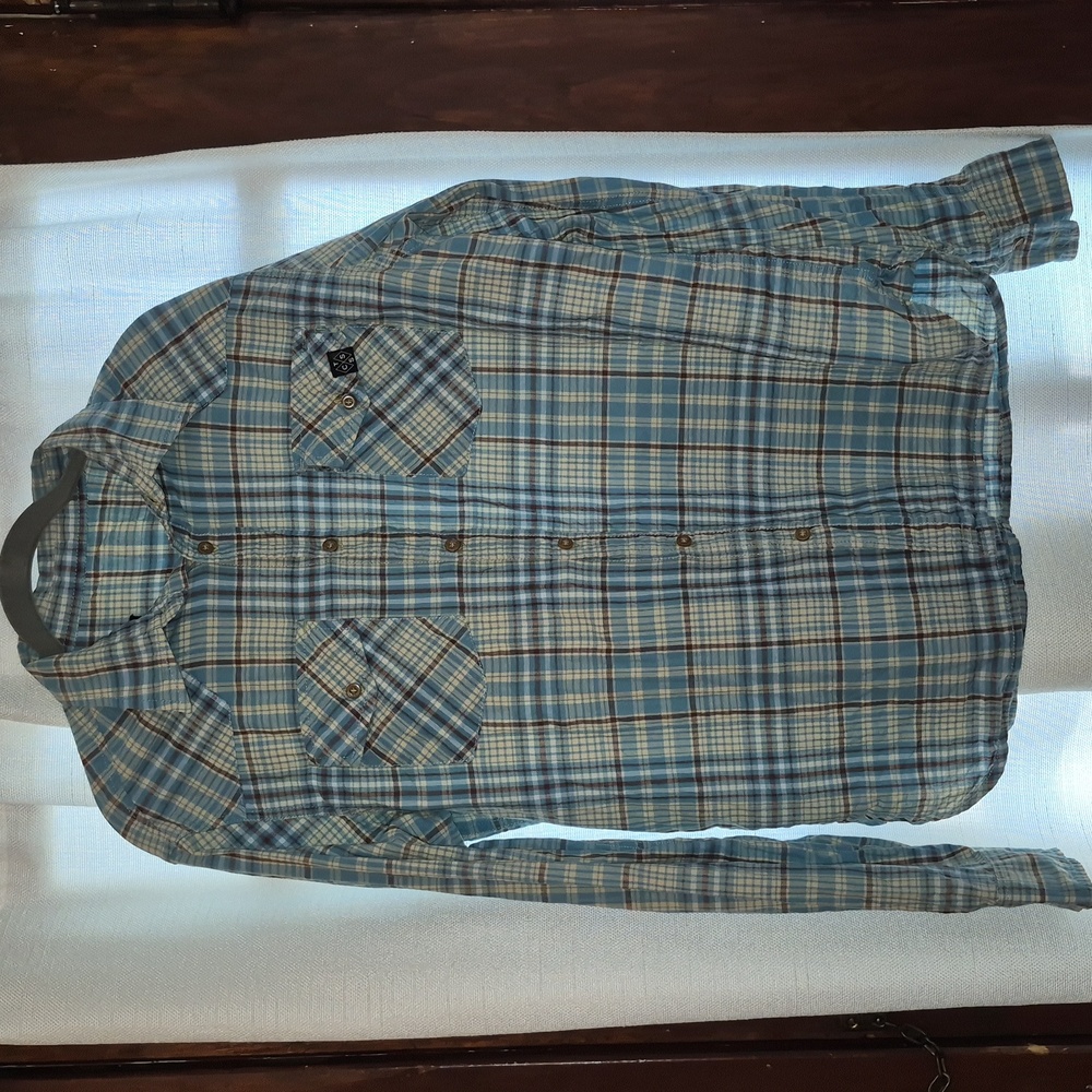 Critical Slide Society Shirt Button Up Blue, Brown, White TSSC Semi Sheer Cali